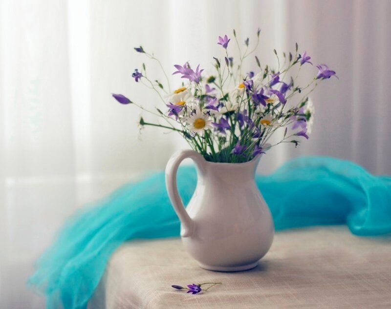 Flowers in a Pitcher — White, Serene, Photograph, Cloth