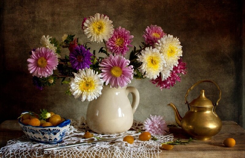 Flowers in a Pitcher — White, Serene, Photograph, Teapot