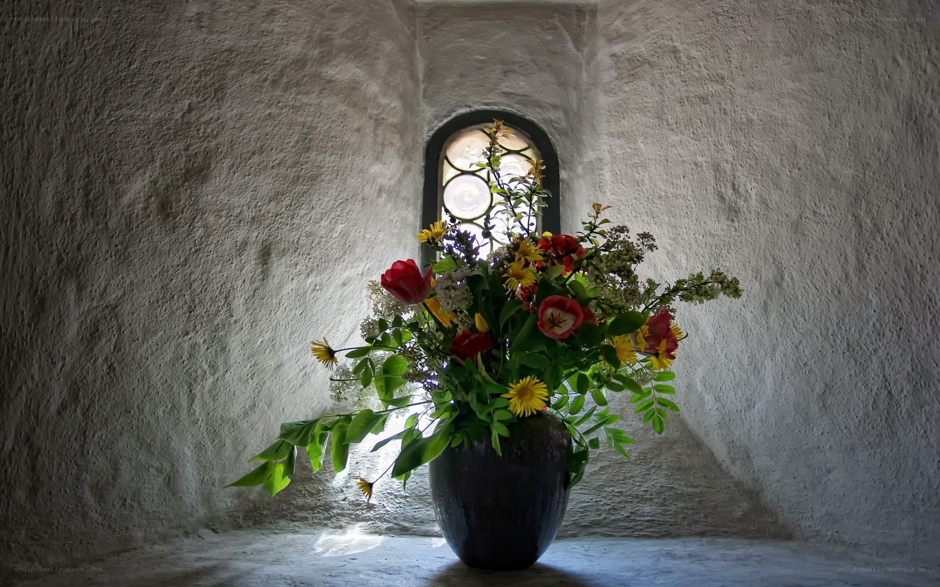 Flowers in a stone alcove