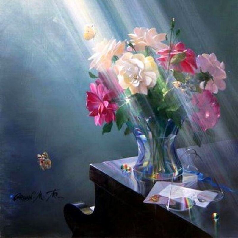 Flowers in a Vase — Blue, Dramatic, Painting