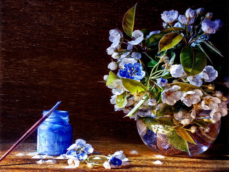 Flowers in a Vase — Blue, Dramatic, Photograph, Paintbrush