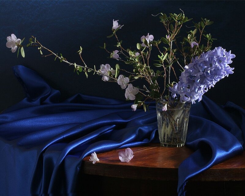 Flowers in a Vase — Blue, Dramatic, Photograph, Silk Fabric