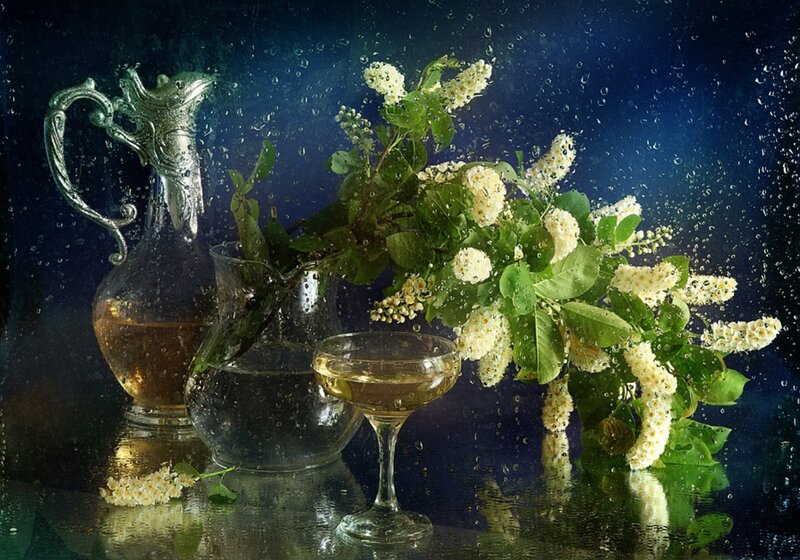 Flowers in a Vase — Blue, Dramatic, Photograph