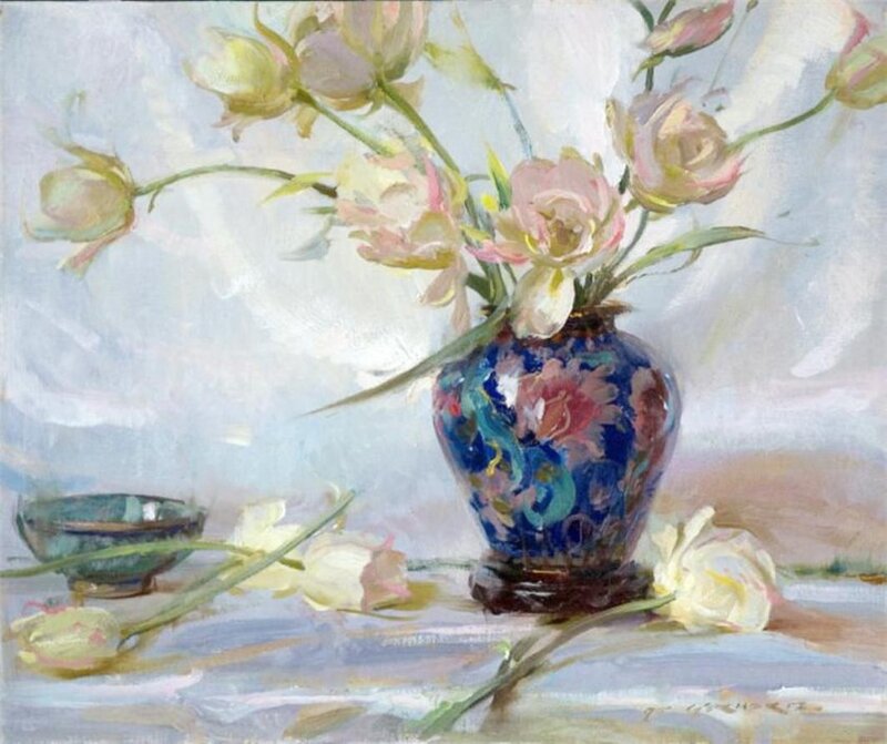 Flowers in a Vase — Blue, Serene, Painting