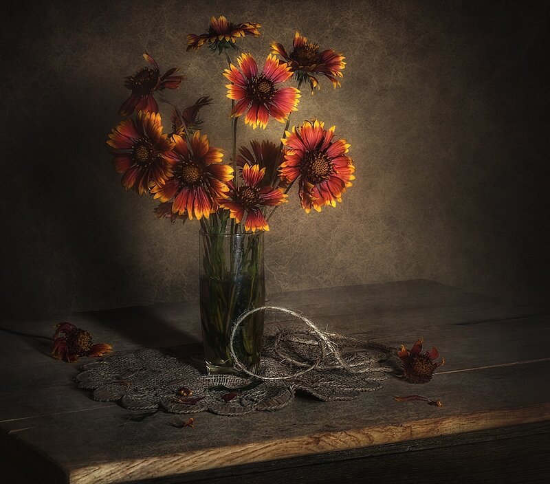 Flowers in a Vase — Brown, Dramatic, Photograph, Table