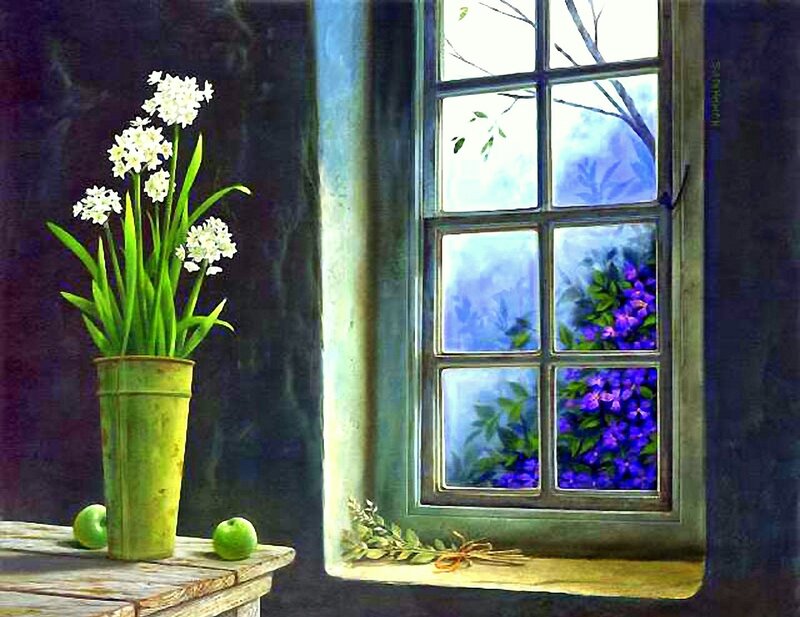 Flowers in a Vase by Window — Green