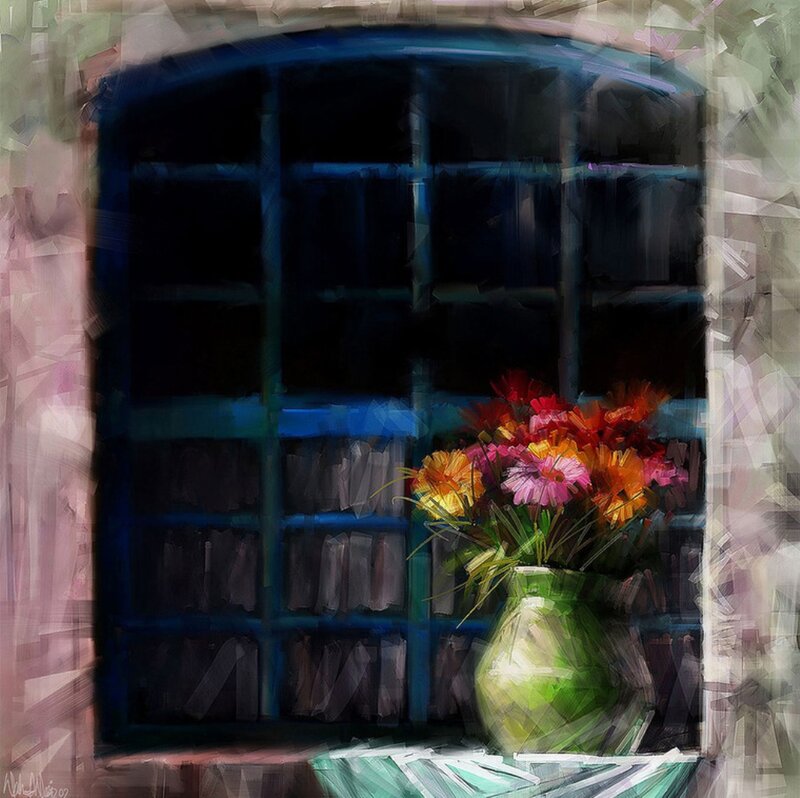Flowers in a Vase — Green, Calm, Painting, Window