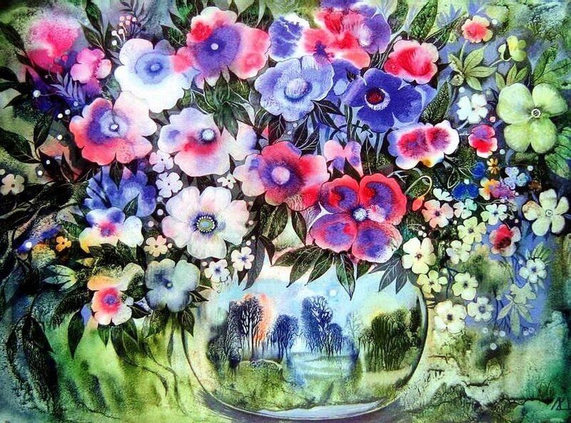 Flowers in a Vase — Green, Colorful
