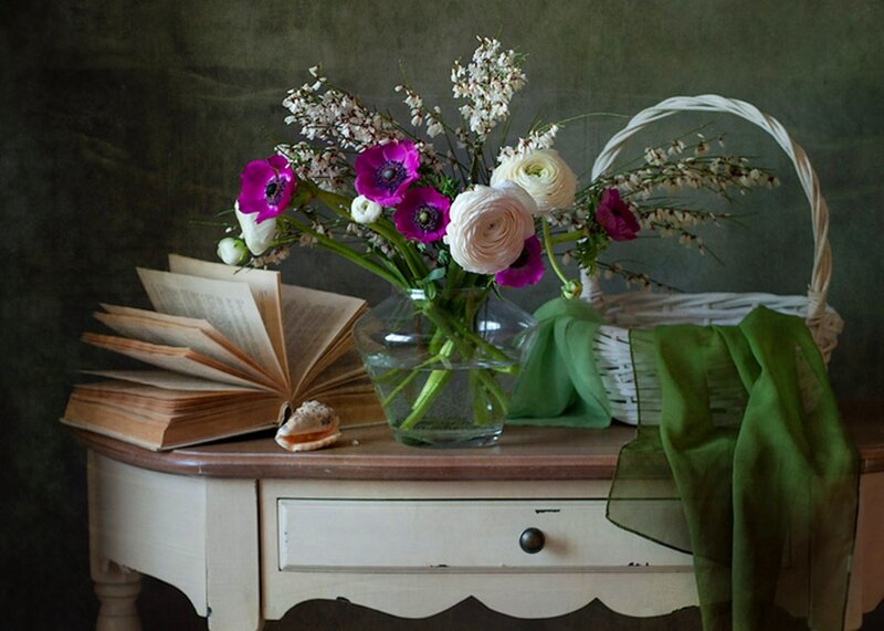 Flowers in a Vase — Green, Serene, Photograph, Book, Basket