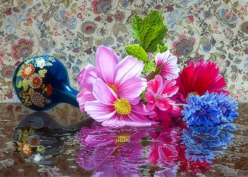 Flowers in a Vase — Pink, Serene, Painting, Flower