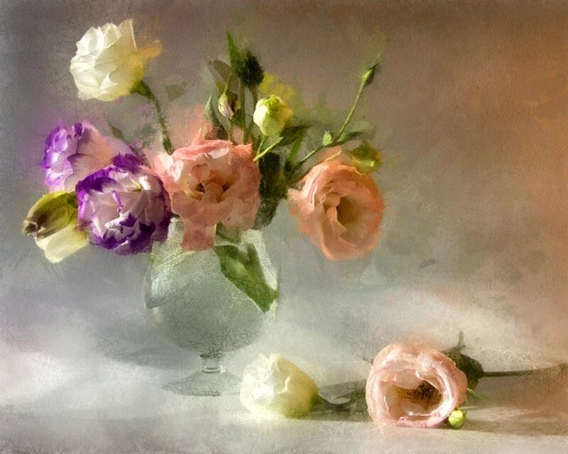 Flowers in a Vase — Pink, Serene, Painting, Table