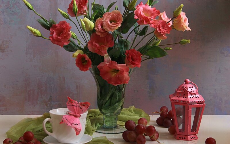 Flowers in a Vase — Pink, Serene, Photograph, Grapes