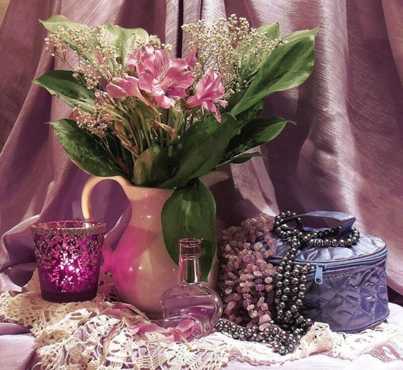 Flowers in a Vase — Purple, Calm, Photograph, Candle