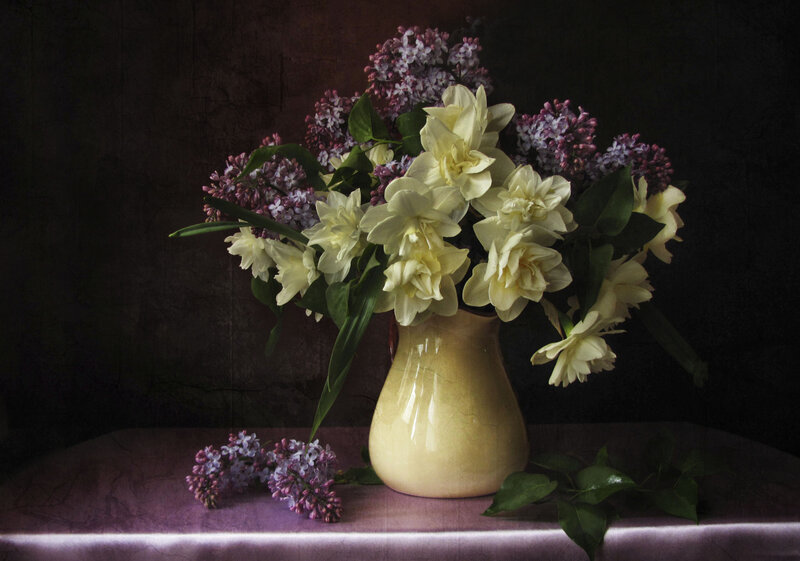 Flowers in a Vase — Purple, Dramatic, Photograph, Table