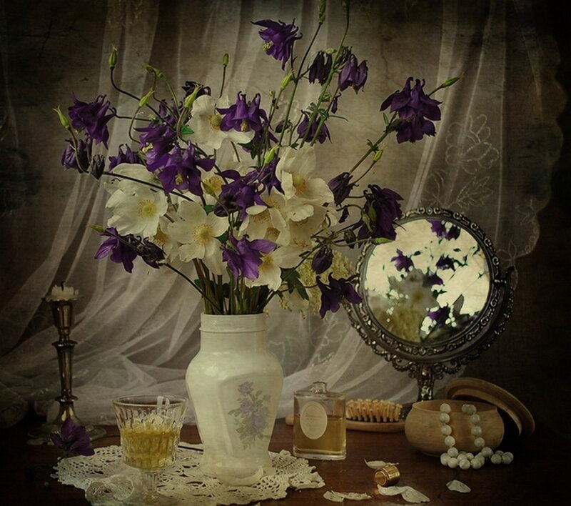 Flowers in a Vase — Purple, Dramatic, Photograph