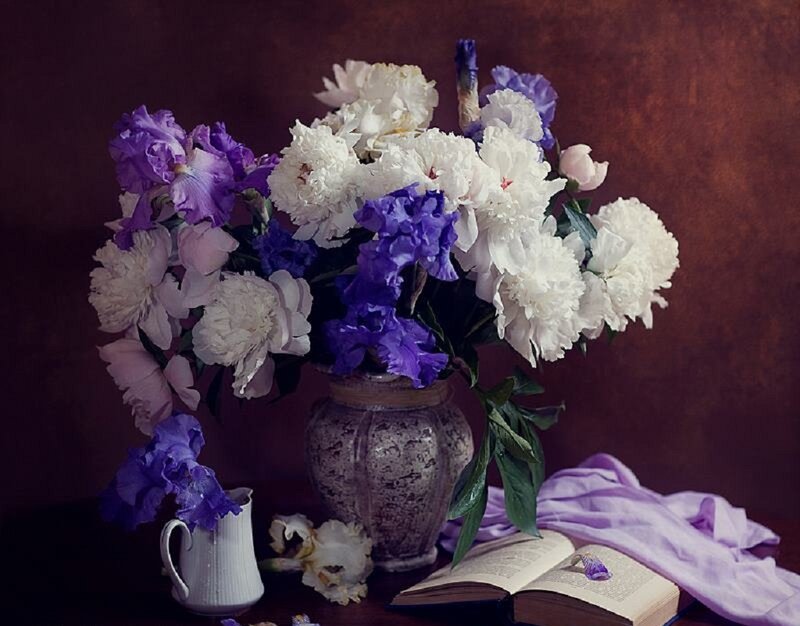 Flowers in a Vase — Purple, Serene, Photograph, Book, Pitcher