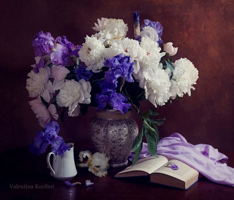 Flowers in a Vase — Purple, Serene, Photograph, Book
