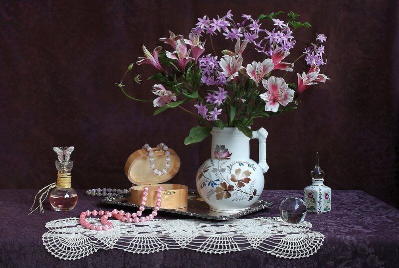 Flowers in a Vase — Purple, Serene, Photograph, Perfume Bottles