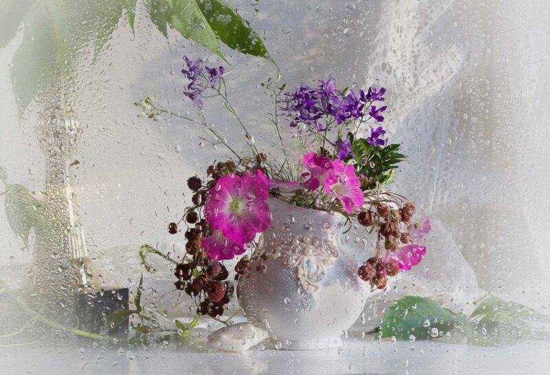 Flowers in a Vase — Purple, Serene, Photograph, Raindrops