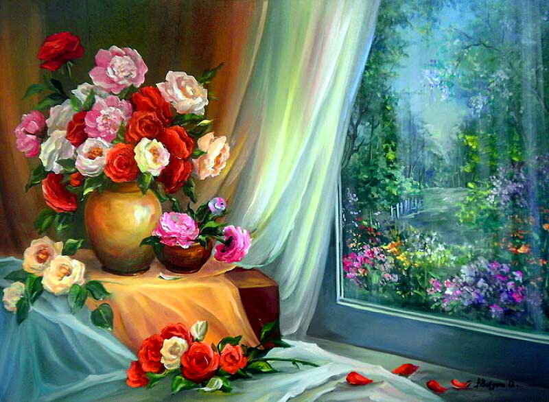 Flowers in a Vase — Red, Serene, Afternoon, Painting