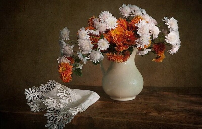Flowers in a Vase — White, Calm, Photograph, Lace Cloth
