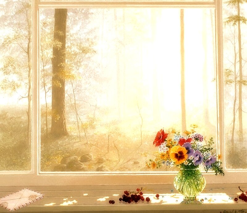 Flowers in a Vase — Yellow, Serene, Morning, Painting