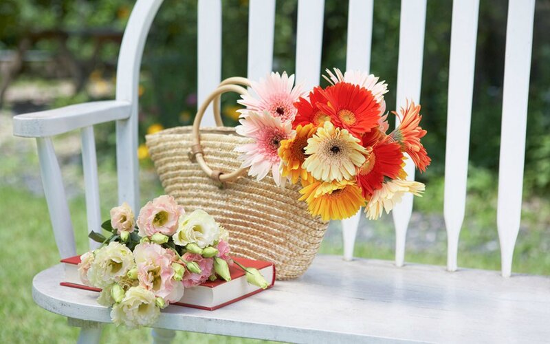 Flowers in Basket on Bench