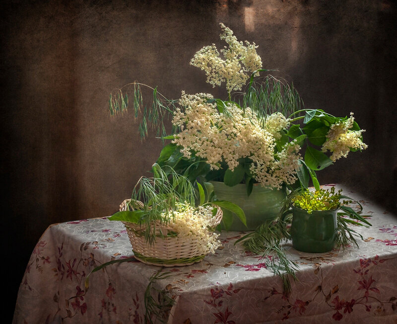 Flowers in Baskets — White