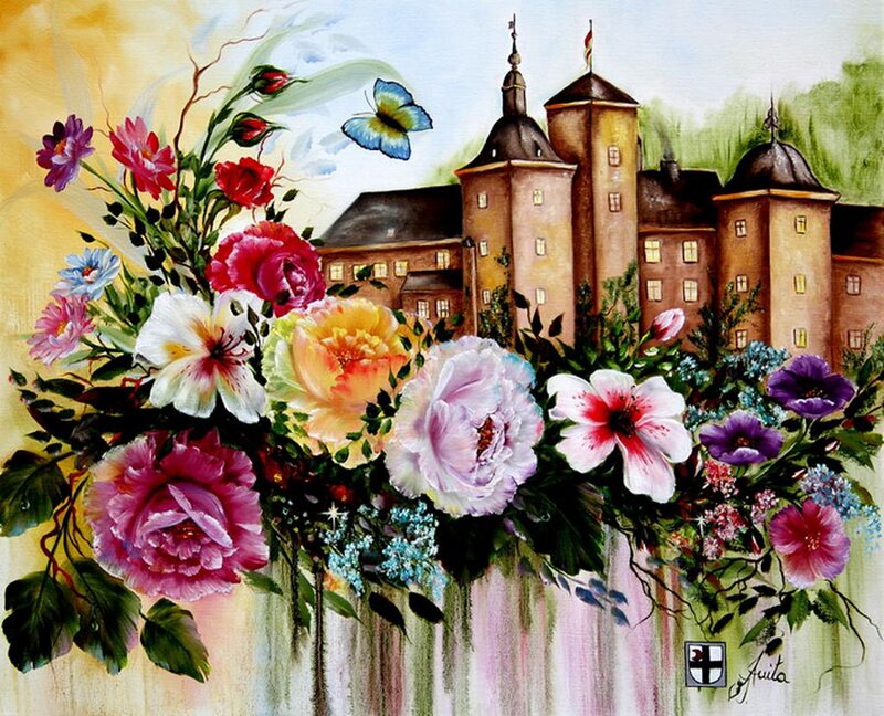 Flowers in Front of Castle — Pink
