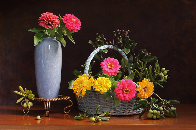 Flowers in Vase and Basket