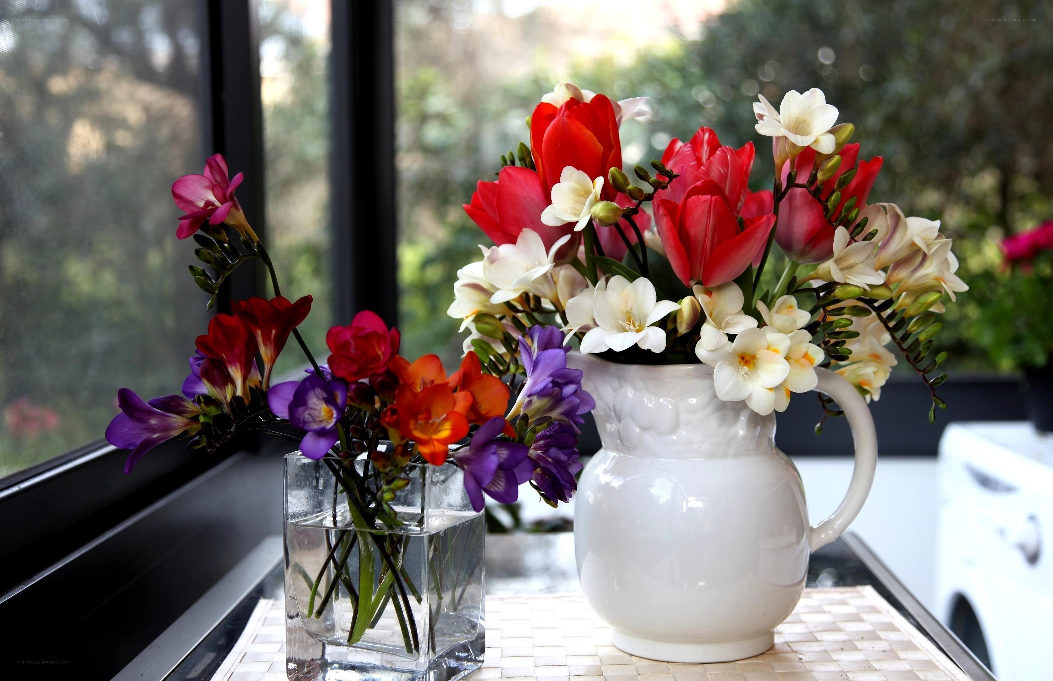 Flowers in vases on a windowsill