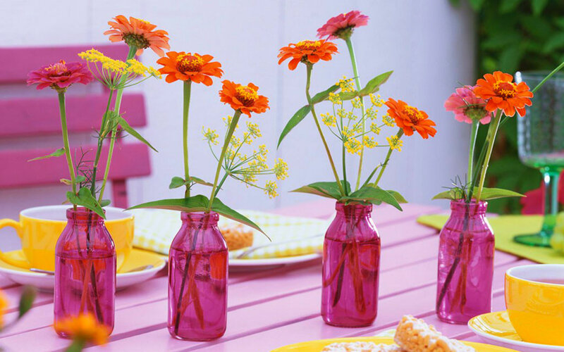 Flowers in Vases on Table — Pink
