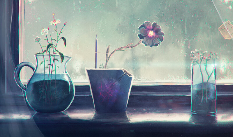 Flowers in Vases on Windowsill — Blue