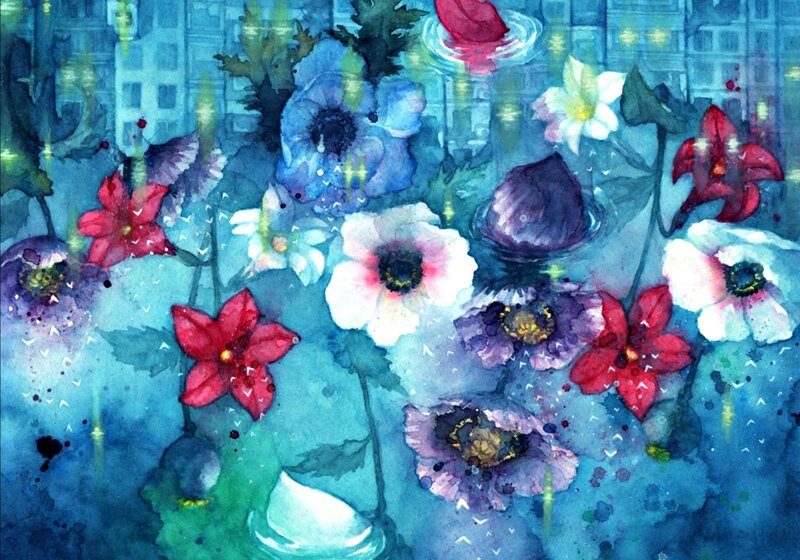 Flowers in Water — Blue, Dreamy, Night