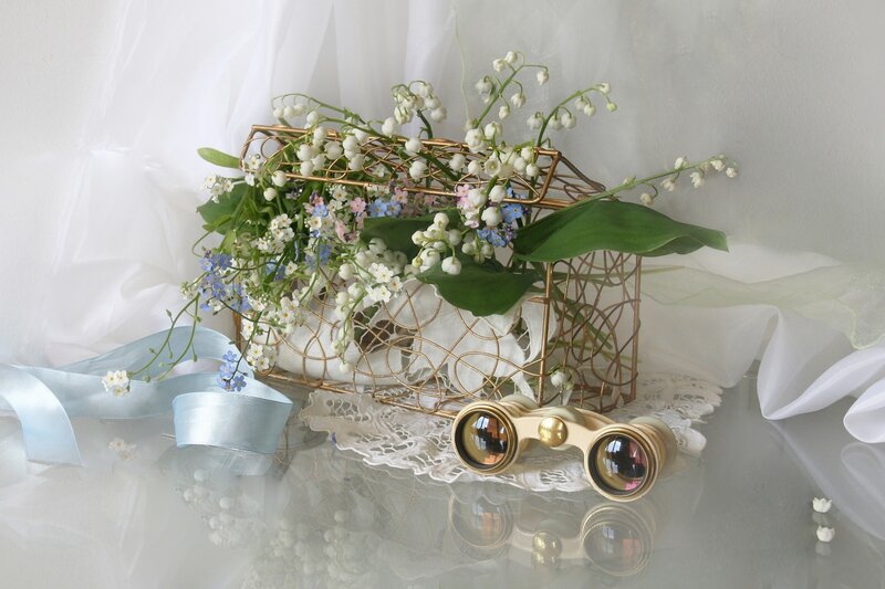 Flowers in Wire Basket — White