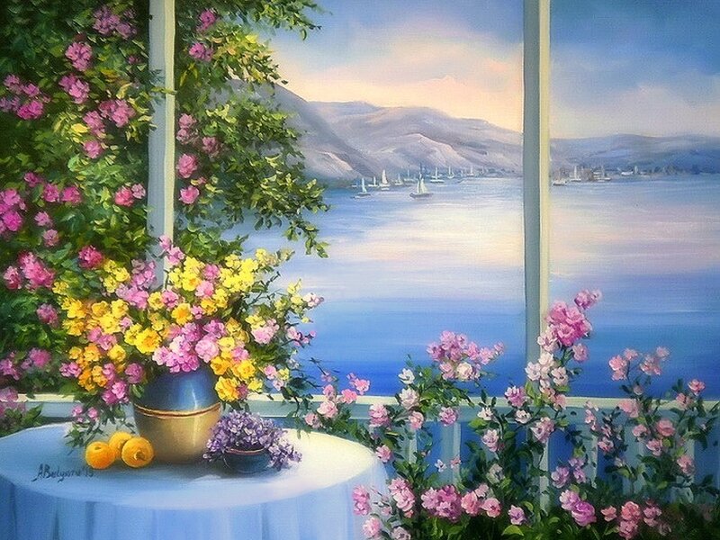 Flowers on a Balcony — Blue