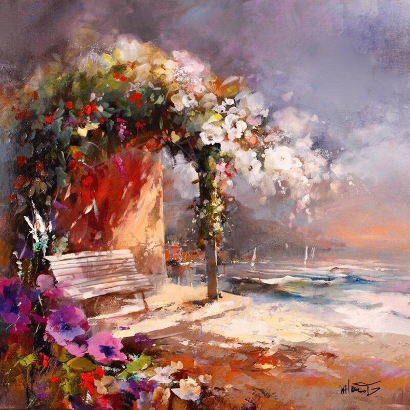 Flowers on a Bench — Purple