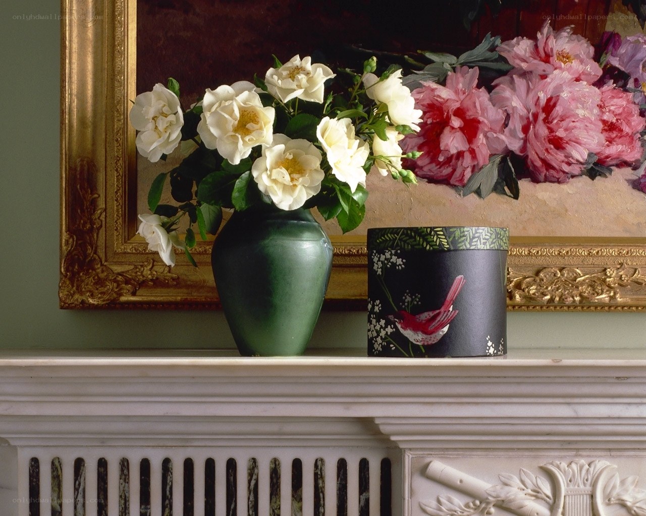 Flowers on a mantelpiece