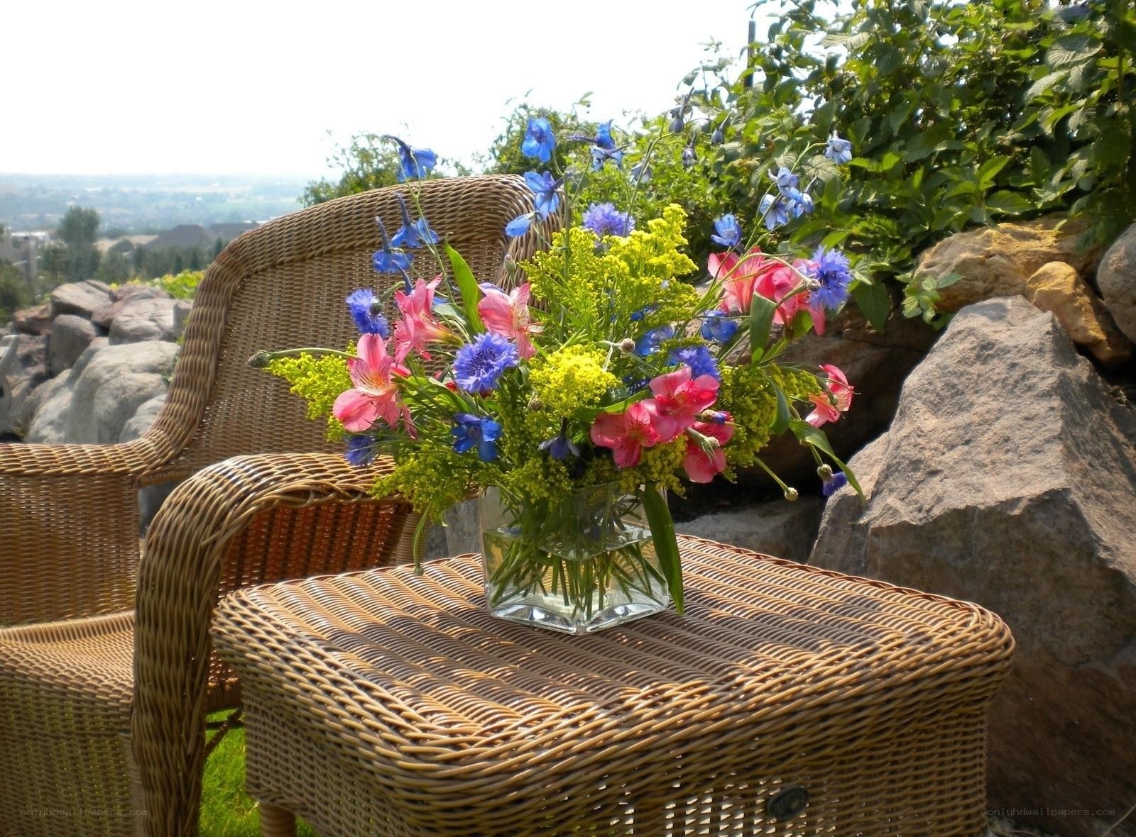 Flowers on a wicker table