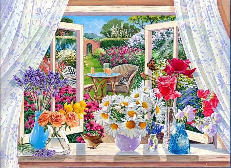Flowers on a Windowsill — Purple, Serene, Afternoon