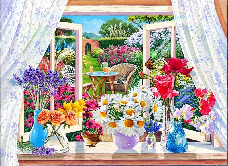 Flowers on a Windowsill — Purple, Serene