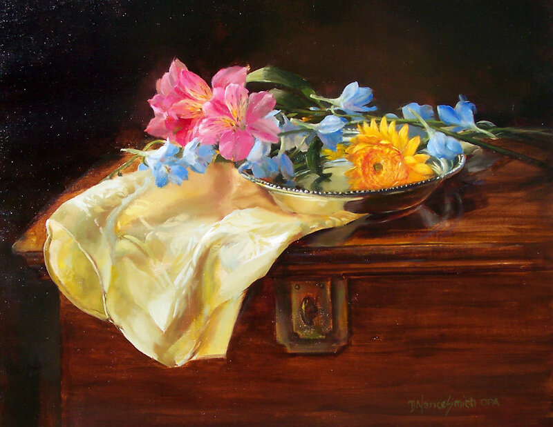 Flowers on a wooden chest