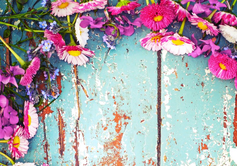 Flowers on Blue Wood
