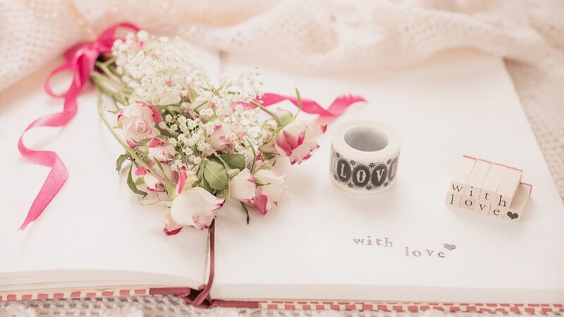 Flowers on Open Book — White, Serene
