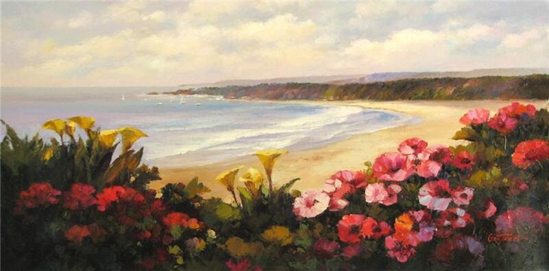 Flowers Overlooking Beach — Red