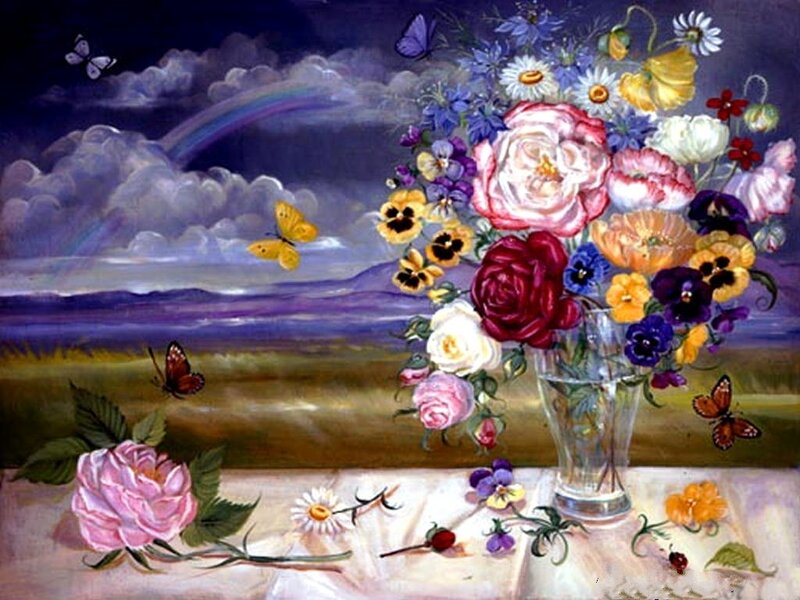 Flowers with rainbow landscape