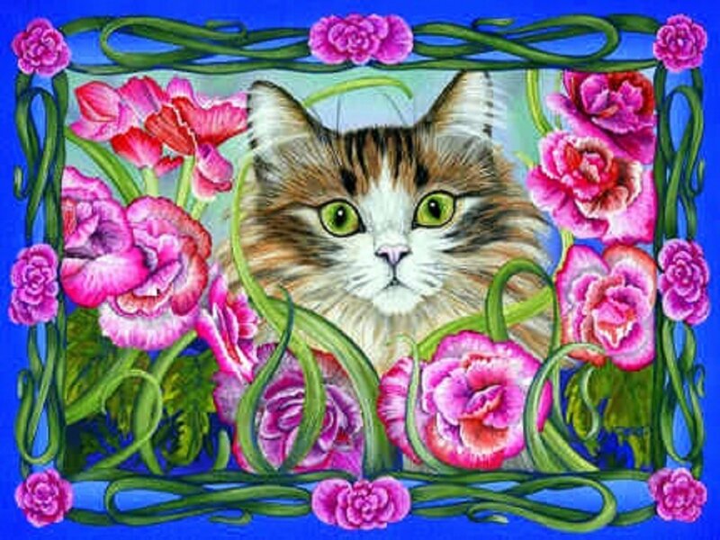 Fluffy Cat in Flowers — Pink, Calm
