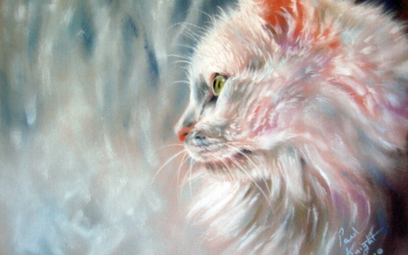 Fluffy Cat in Profile — White, Calm, Painting