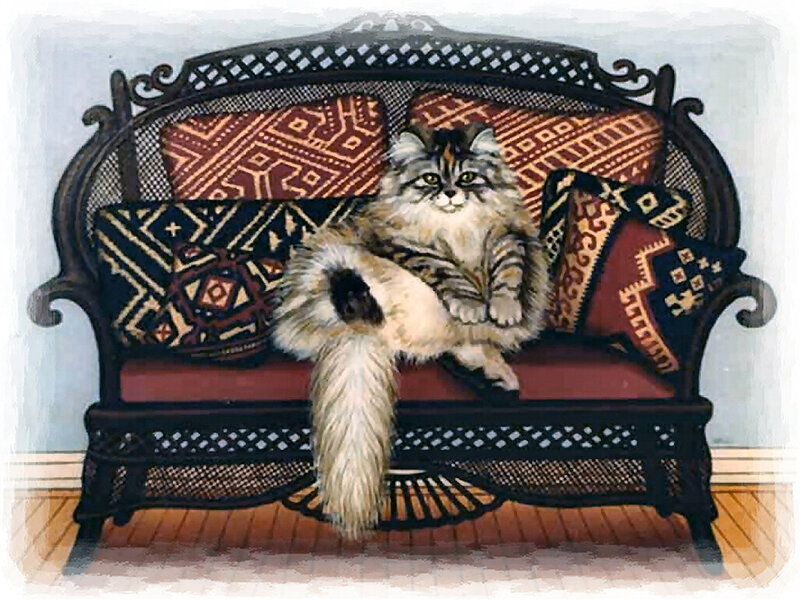 Fluffy Cat on Bench — Brown