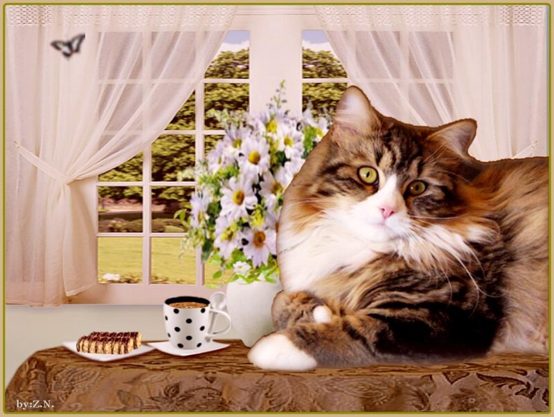Fluffy Cat on Table — Brown, Serene, Morning, Digital Art